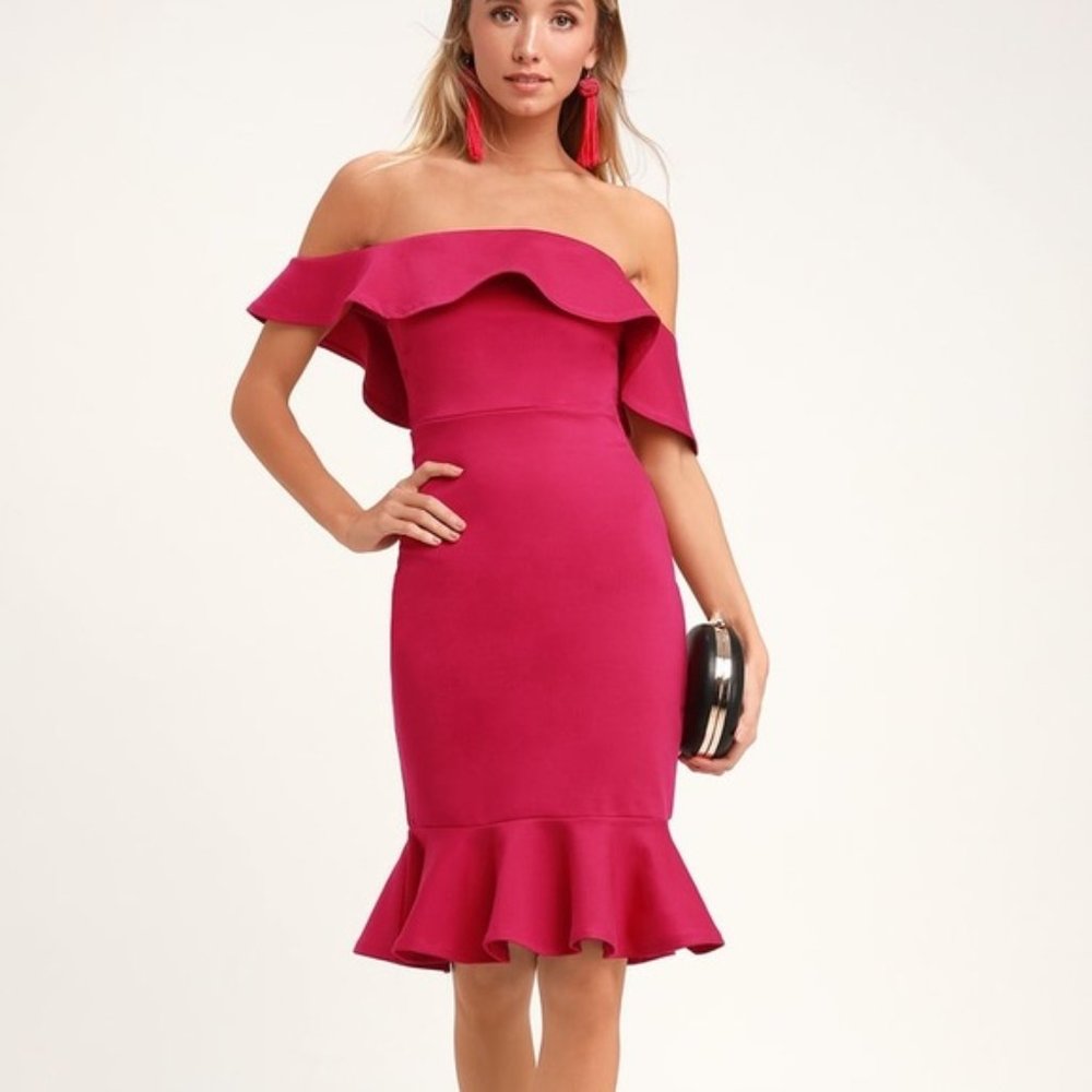 Lulus off the shoulder, hot pink ruffle midi dress